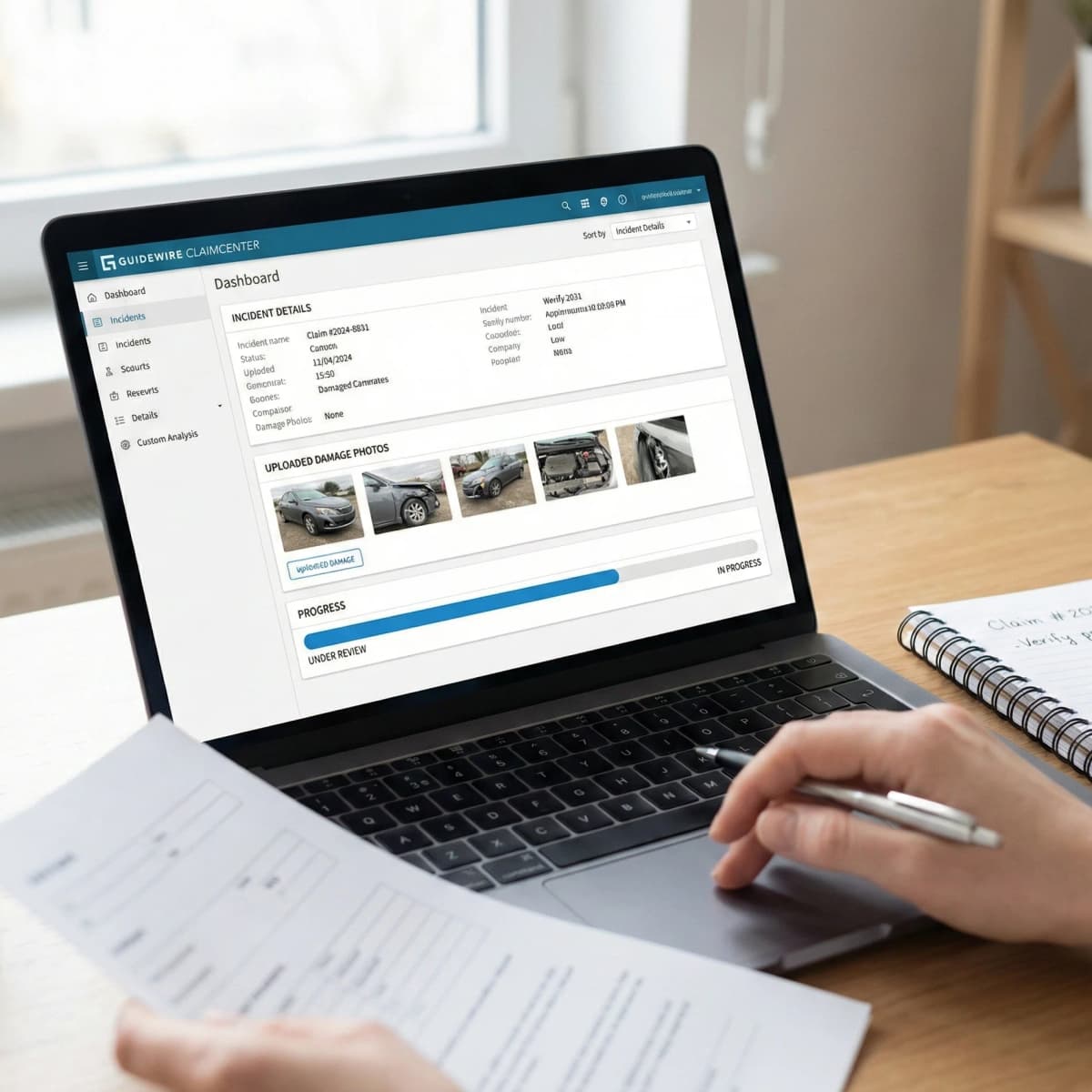 A laptop screen showing a work for Claims Processing in a home office
